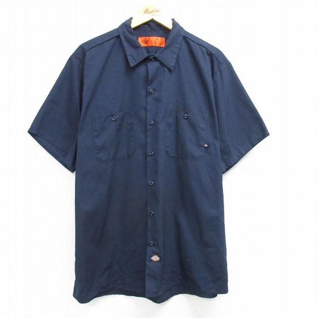 XL★古着 ディッキーズ Dickies 半袖 ワーク シャツ メンズ 大きいサイズ 紺 ネイビー 25apr05 中古 トップス