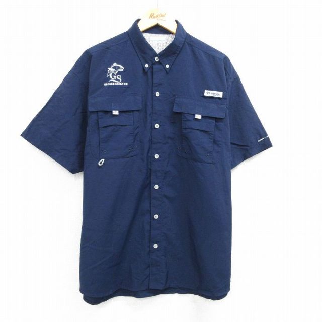 XL★古着 コロンビア COLUMBIA 半袖 フィッシング シャツ メンズ PFG 魚 大きいサイズ 紺 ネイビー 内側メッシュ 25apr05 中古 トップス