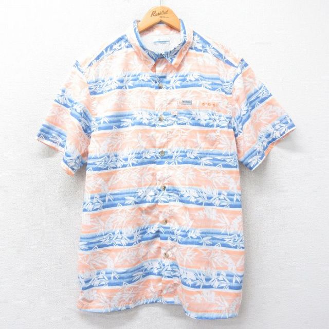 L★古着 コロンビア COLUMBIA 半袖 フィッシング シャツ メンズ PFG 葉 オレンジ他 内側メッシュ 25apr05 中古 トップス