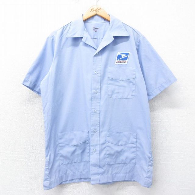 L★古着 半袖 ワーク シャツ メンズ USPS 郵便局 開襟 オープンカラー USA製 薄紺 ネイビー 25apr05 中古 トップス