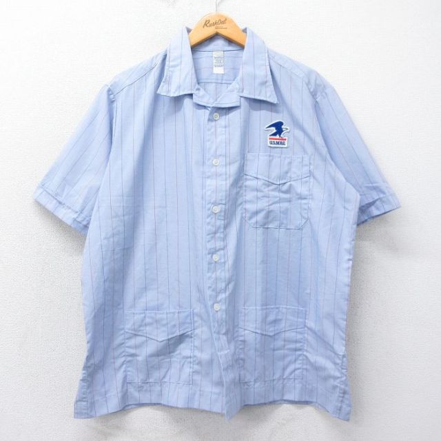 XL★古着 半袖 ワーク シャツ メンズ 90年代 90s US MAIL 開襟 オープンカラー USA製 薄紺他 ネイビー ストライプ 【spe】 25apr05 中古 トップス