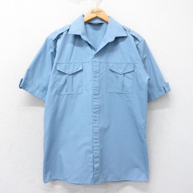 L★古着 半袖 ワーク シャツ メンズ 80年代 80s 開襟 オープンカラー 薄紺 ネイビー 25apr05 中古 トップス