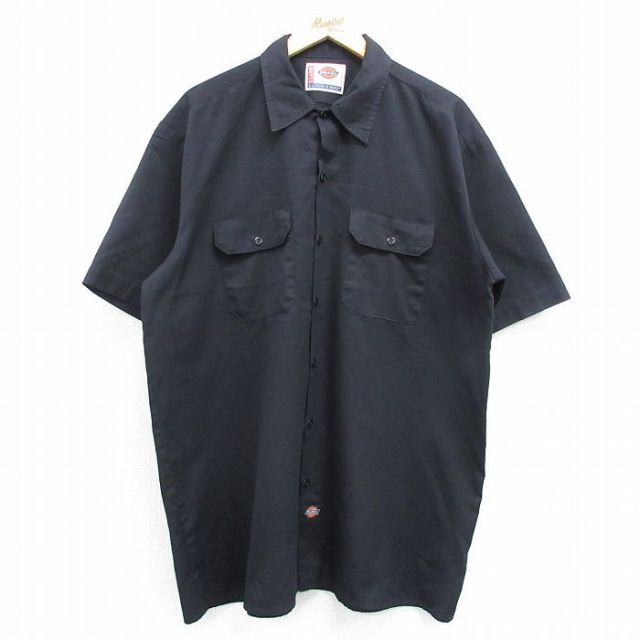 XL★古着 ディッキーズ Dickies 半袖 ワーク シャツ メンズ 大きいサイズ ロング丈 黒 ブラック 25apr07 中古 トップス