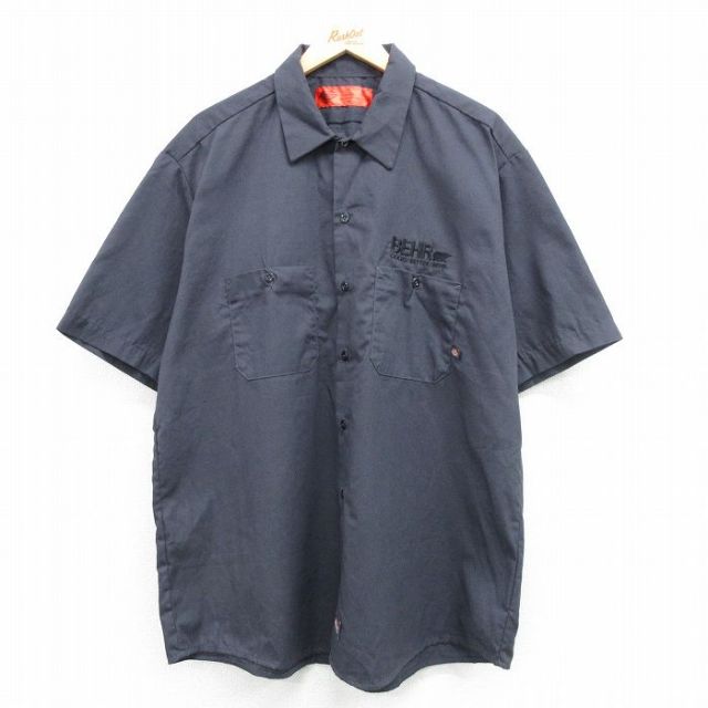 XL★古着 ディッキーズ Dickies 半袖 ワーク シャツ メンズ BEMR ロング丈 紺 ネイビー 25apr07 中古 トップス