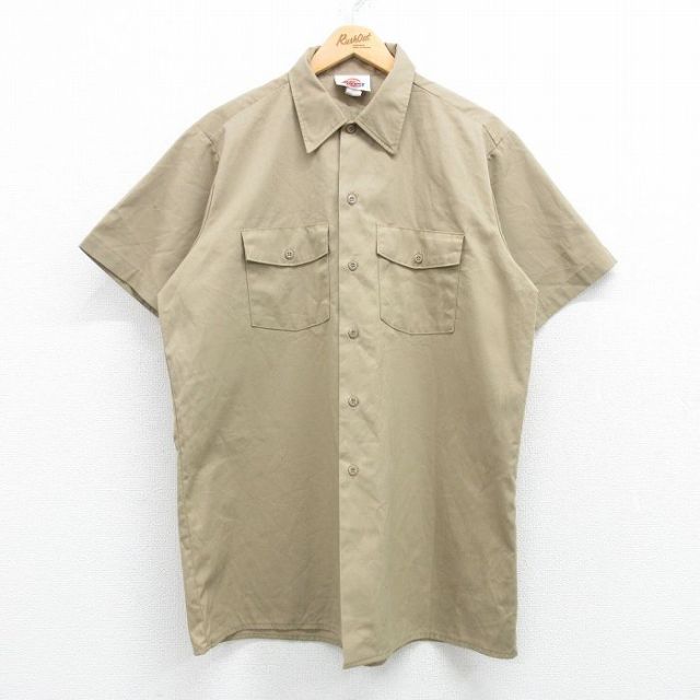 XL★古着 ディッキーズ Dickies 半袖 ワーク シャツ メンズ 90年代 90s ロング丈 USA製 ベージュ系 カーキ 25apr07 中古 トップス