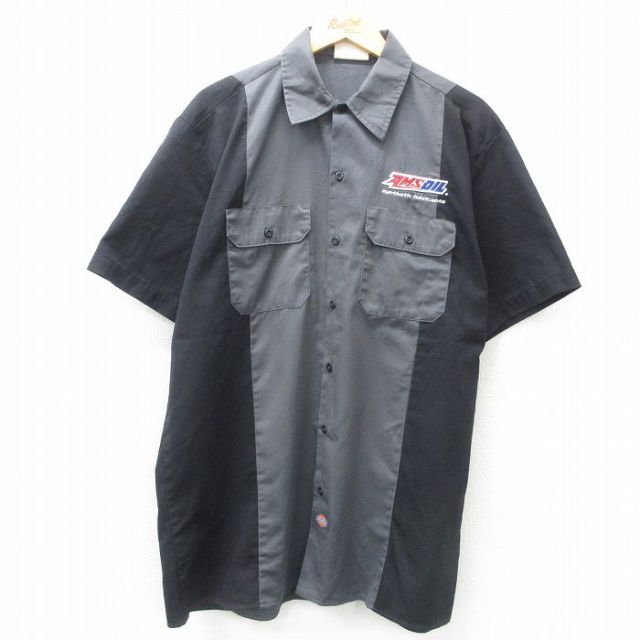 XL★古着 ディッキーズ Dickies 半袖 ワーク シャツ メンズ AMS OIL ツートンカラー ロング丈 グレー 25apr08 中古 トップス