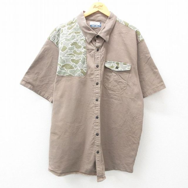 【50%OFF】XL★古着 半袖 ハンティング シャツ メンズ 肩当て 大きいサイズ ロング丈 濃ベージュ カーキ 25apr08 中古 トップス