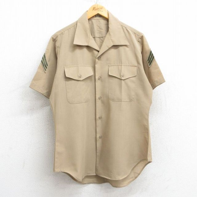 L★古着 半袖 ミリタリー シャツ メンズ 80年代 80s 開襟 オープンカラー ベージュ カーキ 25apr10 中古 トップス