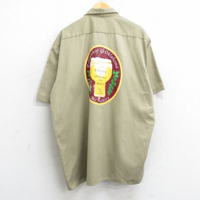 XL★古着 ディッキーズ Dickies 半袖 ワーク シャツ メンズ Fellowship of Oklahoma Ale Makers 大きいサイズ ロング丈 ベージュ カーキ 【spe】 25apr10 中古 トップス