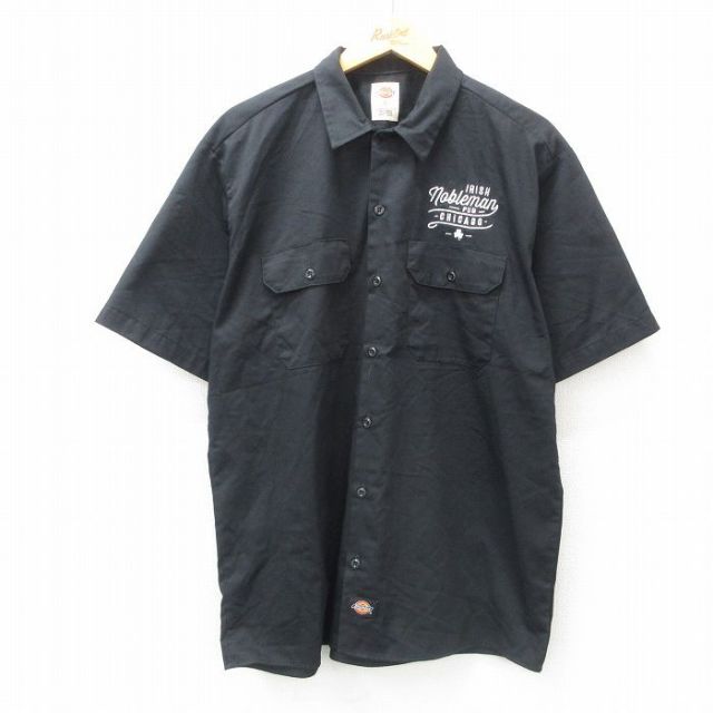 XL★古着 ディッキーズ Dickies 半袖 ワーク シャツ メンズ アイリッシュ シカゴ 黒 ブラック 25apr10 中古 トップス