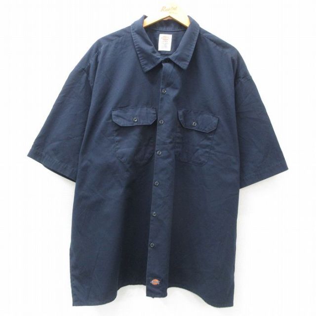 XL★古着 ディッキーズ Dickies 半袖 ワーク シャツ メンズ 大きいサイズ ロング丈 紺 ネイビー 25apr10 中古 トップス