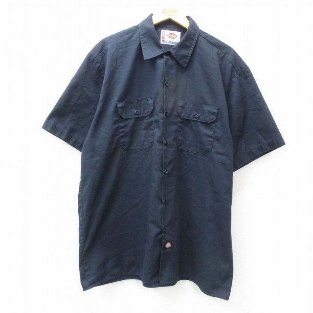 XL★古着 ディッキーズ Dickies 半袖 ワーク シャツ メンズ 00年代 00s 大きいサイズ ロング丈 紺 ネイビー 25apr10 中古 トップス