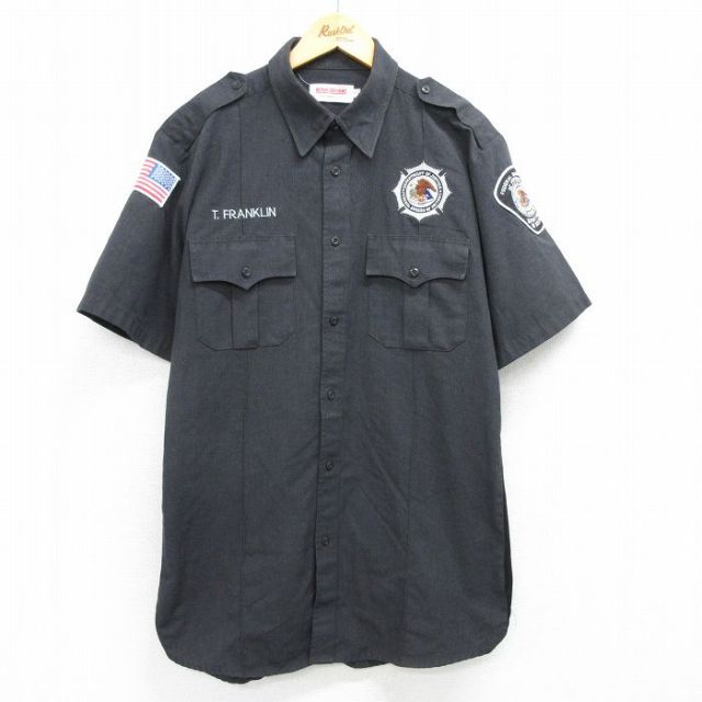 XL★古着 半袖 ワーク シャツ メンズ ワシ 大きいサイズ ロング丈 黒 ブラック 25apr12 中古 トップス