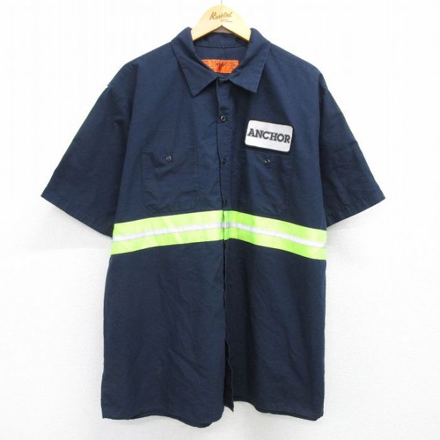 XL★古着 レッドキャップ 半袖 ワーク シャツ メンズ リフレクター 大きいサイズ ロング丈 紺 ネイビー 25apr12 中古 トップス