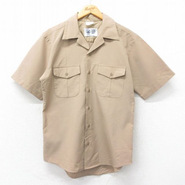M★古着 半袖 ミリタリー シャツ メンズ 開襟 オープンカラー USA製 ベージュ カーキ 25apr21 中古 トップス