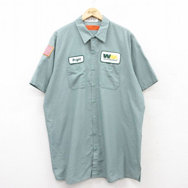 XL★古着 レッドキャップ 半袖 ワーク シャツ メンズ 00年代 00s ワッペン 大きいサイズ ロング丈 緑 グリーン 25apr24 中古 トップス