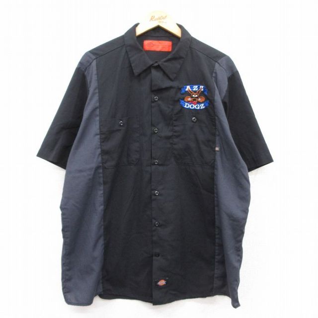 XL★古着 ディッキーズ Dickies 半袖 ワーク シャツ メンズ 犬 ツートンカラー 大きいサイズ 黒 ブラック 【spe】 25apr24 中古 トップス