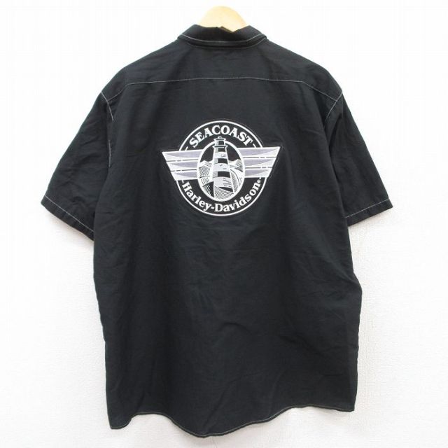 XL★古着 半袖 ワーク シャツ メンズ ハーレーダビッドソン Harley Davidson シーコースト 大きいサイズ 黒 ブラック 25apr24 中古 トップス