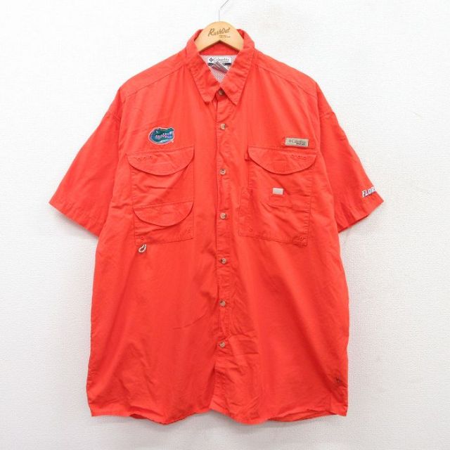 XL★古着 コロンビア COLUMBIA 半袖 フィッシング シャツ メンズ 00年代 00s フロリダゲイターズ 大きいサイズ ロング丈 コットン オレンジ 内側メッシュ 25apr24 中古 トップス