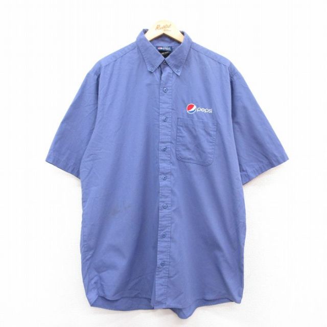 XL★古着 半袖 ワーク シャツ メンズ ペプシ PEPSI 大きいサイズ ロング丈 薄紺 ネイビー 25apr24 中古 トップス