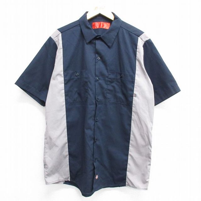 XL★古着 ディッキーズ Dickies 半袖 ワーク シャツ メンズ ツートンカラー 紺他 ネイビー 25apr26 中古 トップス