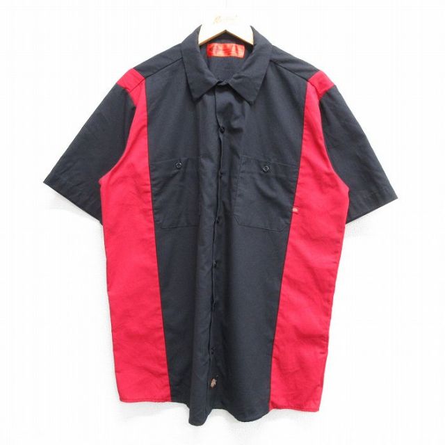 XL★古着 ディッキーズ Dickies 半袖 ワーク シャツ メンズ ツートンカラー 黒他 ブラック 25apr26 中古 トップス