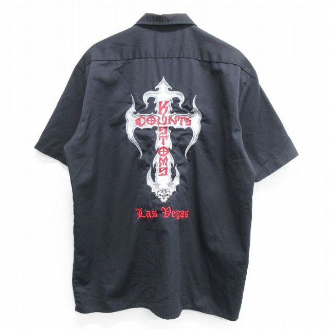 XL★古着 ディッキーズ Dickies 半袖 ワーク シャツ メンズ COUNTS KUSTOMS 刺繍 大きいサイズ ロング丈 黒 ブラック 【spe】 25apr26 中古 トップス
