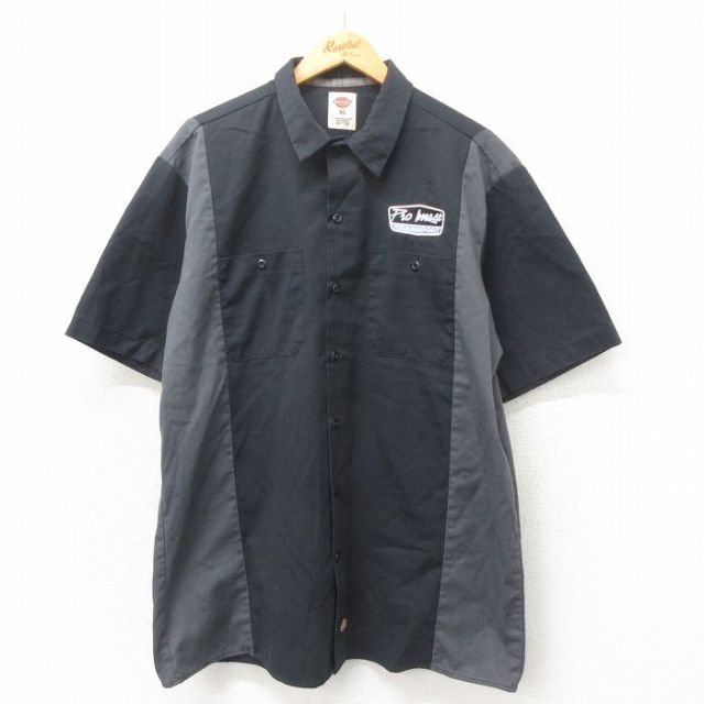 XL★古着 ディッキーズ Dickies 半袖 ワーク シャツ メンズ トランスポーツ ロング丈 ツートンカラー 黒 ブラック 【spe】 25may02 中古 トップス