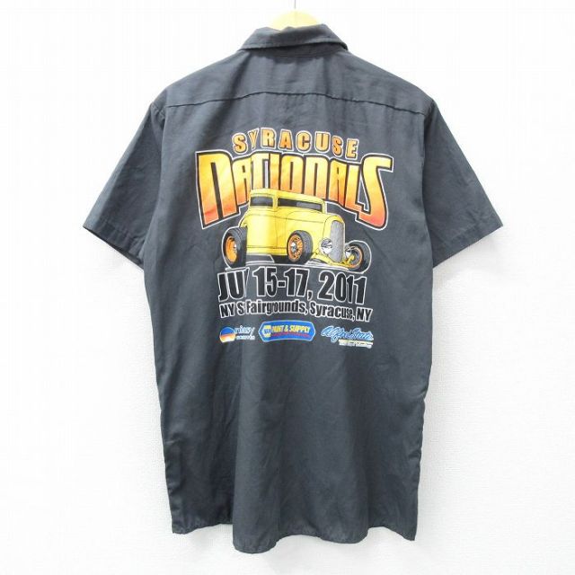 L★古着 ディッキーズ Dickies 半袖 ワーク シャツ メンズ 車 ホットロッド HOT ROD シラキュース ロング丈 濃グレー 25may10 中古 トップス