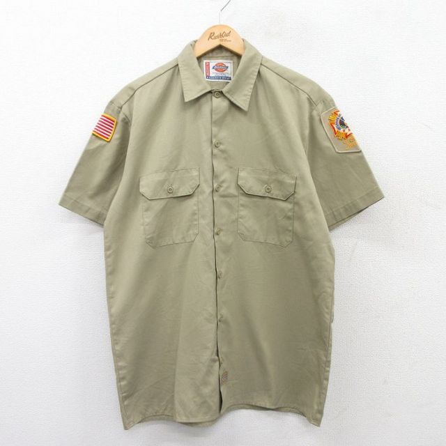 L★古着 ディッキーズ Dickies 半袖 ワーク シャツ メンズ ワッペン ベージュ カーキ 25may15 中古 トップス