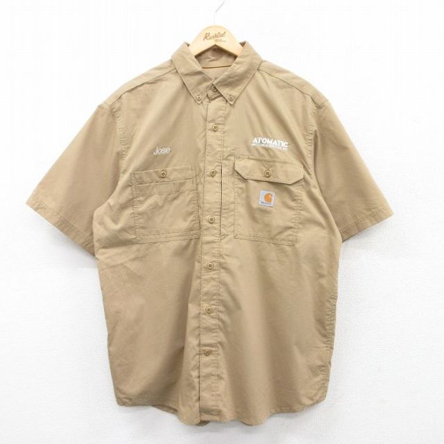 XL★古着 カーハート Carhartt 半袖 ワーク シャツ メンズ ATOMATIC ボタンダウン ベージュ カーキ 25may15 中古 トップス
