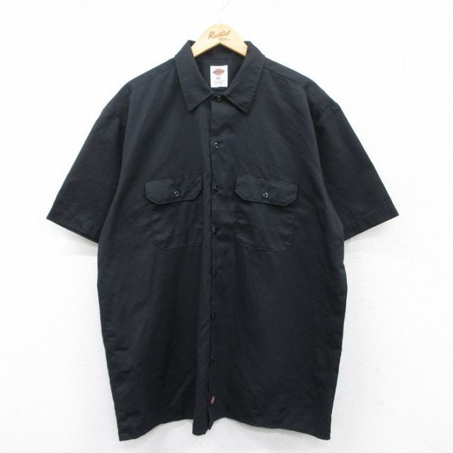 XL★古着 ディッキーズ Dickies 半袖 ワーク シャツ メンズ ボタンダウン ロング丈 黒 ブラック 25may15 中古 トップス