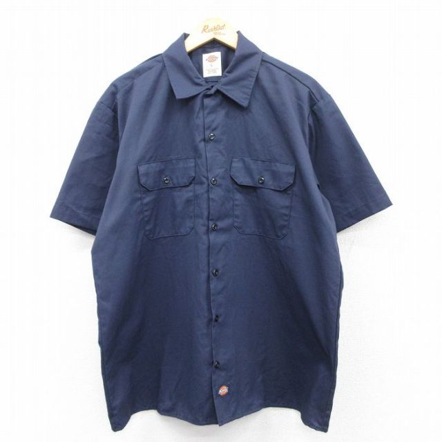 XL★古着 ディッキーズ Dickies 半袖 ワーク シャツ メンズ 紺 ネイビー 25may15 中古 トップス