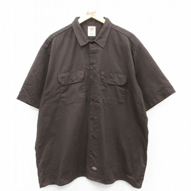 XL★古着 ディッキーズ Dickies 半袖 ワーク シャツ メンズ 大きいサイズ ロング丈 茶 ブラウン 25may15 中古 トップス