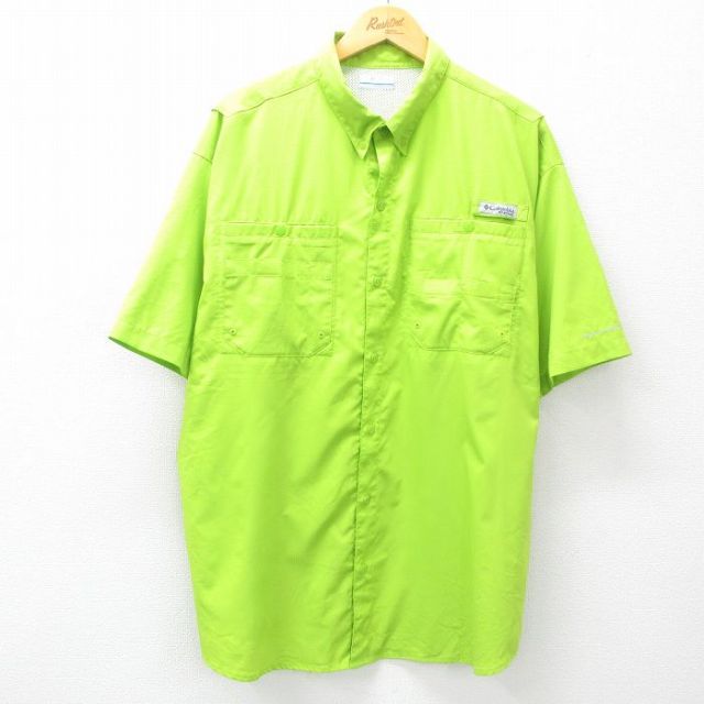 XL★古着 コロンビア COLUMBIA 半袖 フィッシング シャツ メンズ リップストップ オムニシェイド 大きいサイズ ロング丈 黄緑 内側メッシュ 25may17 中古 トップス