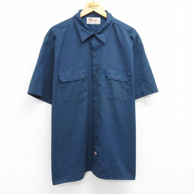 XL★古着 ディッキーズ Dickies 半袖 ワーク シャツ メンズ 00年代 00s 大きいサイズ ロング丈 紺 ネイビー 25may30 中古 トップス