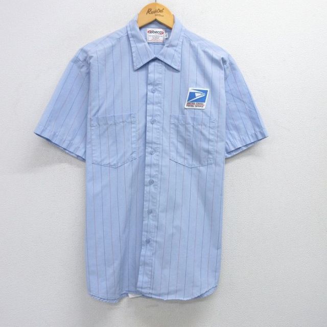 XL★古着 半袖 ワーク シャツ メンズ 90年代 90s アメリカ合衆国郵便公社 USA製 薄紺他 ネイビー ストライプ 25may30 中古 トップス
