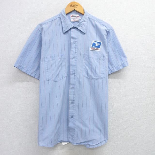 XL★古着 半袖 ワーク シャツ メンズ 90年代 90s アメリカ合衆国郵便公社 USA製 薄紺他 ネイビー ストライプ 25may30 中古 トップス