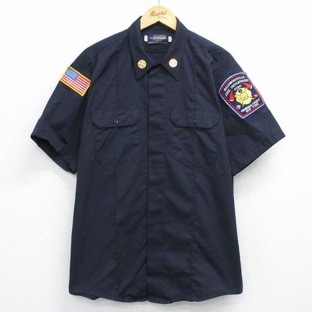 XL★古着 半袖 ワーク シャツ メンズ 90年代 90s 消防署 大きいサイズ ロング丈 USA製 紺系 ネイビー 25may30 中古 トップス