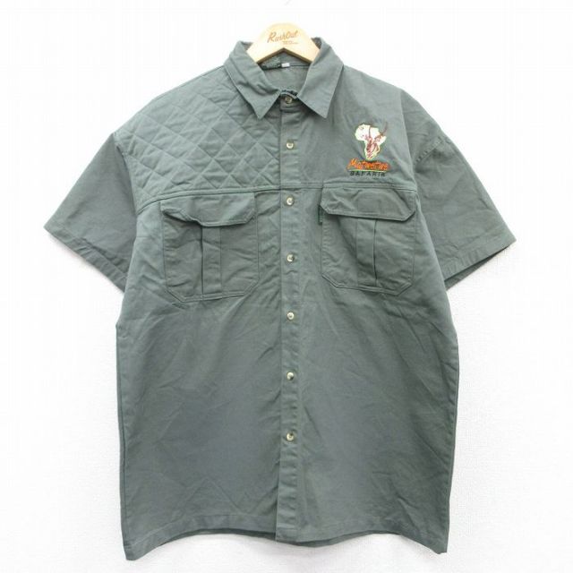 XL★古着 半袖 ハンティング シャツ メンズ 00年代 00s シカ アフリカ コットン 緑 グリーン 25may31 中古 トップス
