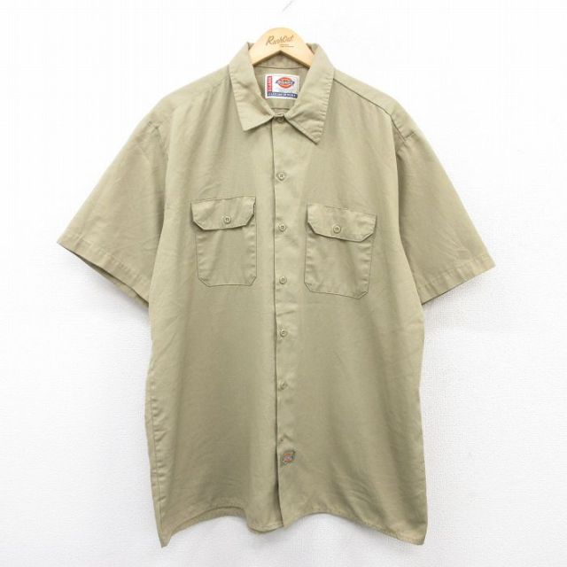 XL★古着 ディッキーズ Dickies 半袖 ワーク シャツ メンズ 大きいサイズ ロング丈 ベージュ カーキ 25may31 中古 トップス
