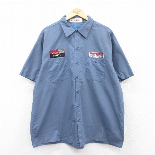 XL★古着 半袖 ワーク シャツ メンズ CiNTAS タイヤ PEPBOYS 大きいサイズ 薄紺 ネイビー 25may31 中古 トップス