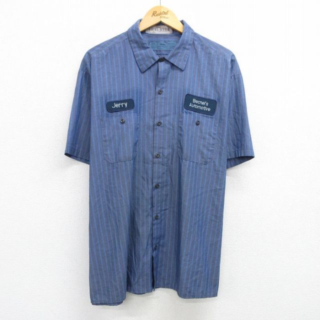 XL★古着 半袖 ワーク シャツ メンズ CiNTAS ワッペン 大きいサイズ 紺他 ネイビー ストライプ 25jun04 中古 トップス