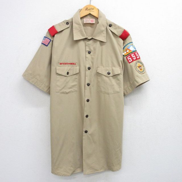 XL★古着 半袖 ボーイスカウト シャツ メンズ 90年代 90s ワッペン 大きいサイズ ロング丈 USA製 ベージュ カーキ 25jun04 中古 トップス