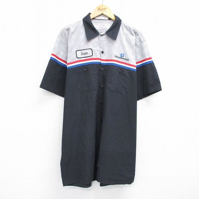 XL★古着 レッドキャップ 半袖 ワーク シャツ メンズ 90年代 90s グッドレンチ 大きいサイズ ロング丈 黒他 ブラック 25jun04 中古 トップス