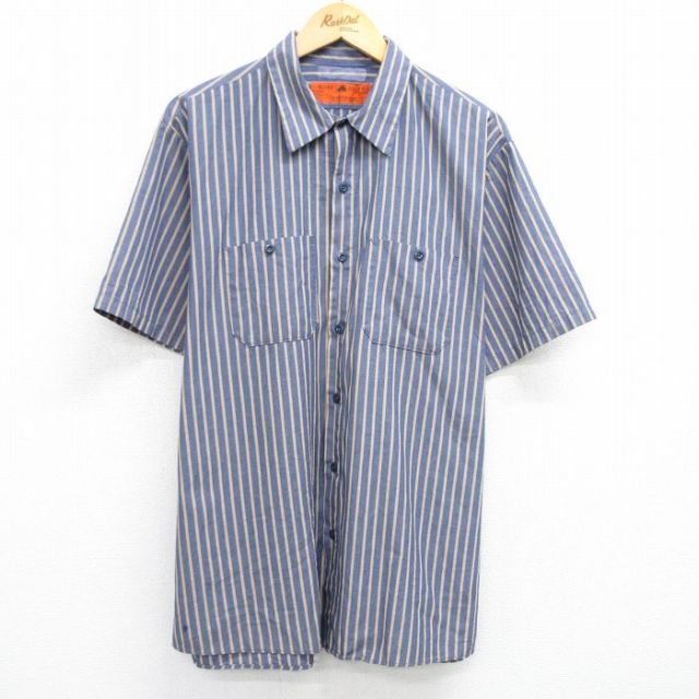 XL★古着 レッドキャップ 半袖 ワーク シャツ メンズ 90年代 90s 大きいサイズ USA製 紺他 ネイビー ストライプ 25jun04 中古 トップス