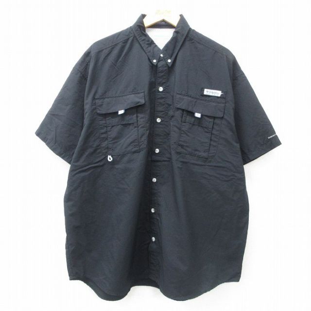 XL★古着 コロンビア COLUMBIA 半袖 フィッシング シャツ メンズ PFG 大きいサイズ ロング丈 ボタンダウン 黒 ブラック 25jun05 中古 トップス