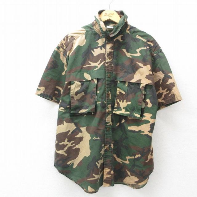 XL★古着 半袖 ハンティング シャツ メンズ 90年代 90s ウッドランドカモ 大きいサイズ 緑他 グリーン 迷彩 内側メッシュ 25jun05 中古 トップス
