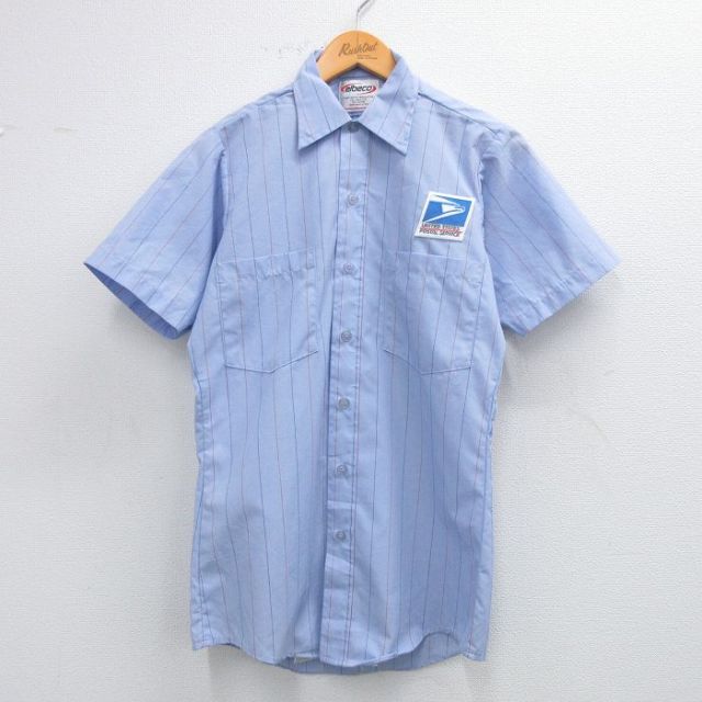 S★古着 半袖 ワーク シャツ メンズ 90年代 90s USPS USA製 薄紺他 ネイビー ストライプ 25jun12 中古 トップス