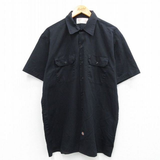 L★古着 ディッキーズ Dickies 半袖 ワーク シャツ メンズ 00年代 00s　ロング丈 黒 ブラック 25jun12 中古 トップス